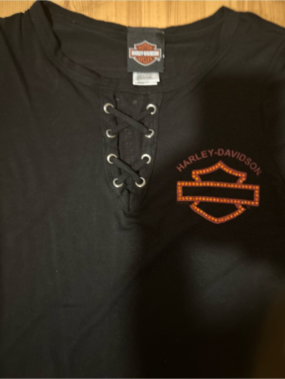 Harley-Davidson Black Lace-Up Short Sleeve Tee with Copper Logo - Picture 5 of 11